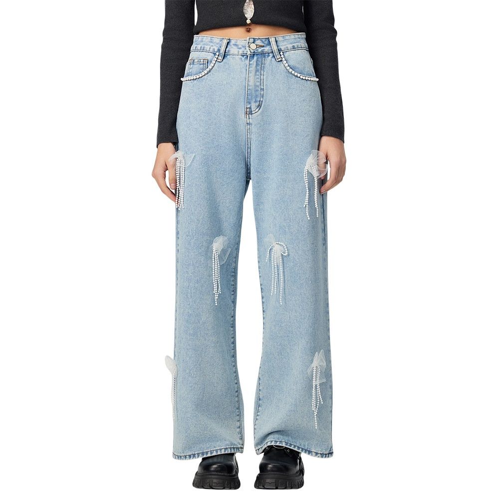 Fashionable Versatile Denim Women's Clothing With 3D Embellishments, Loose Wide-leg Long Pants, High-waisted And Stylish_mkmklike.com