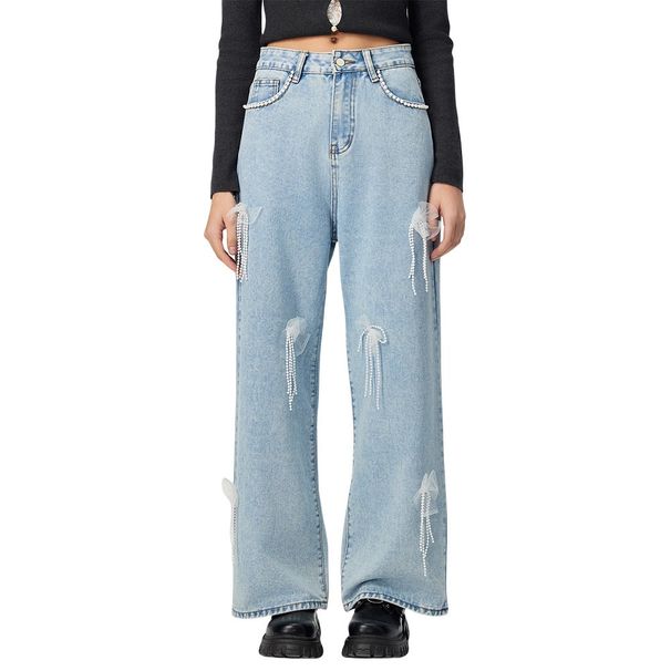 Fashionable Versatile Denim Women's Clothing With 3D Embellishments, Loose Wide-leg Long Pants, High-waisted And Stylish_mkmklike.com