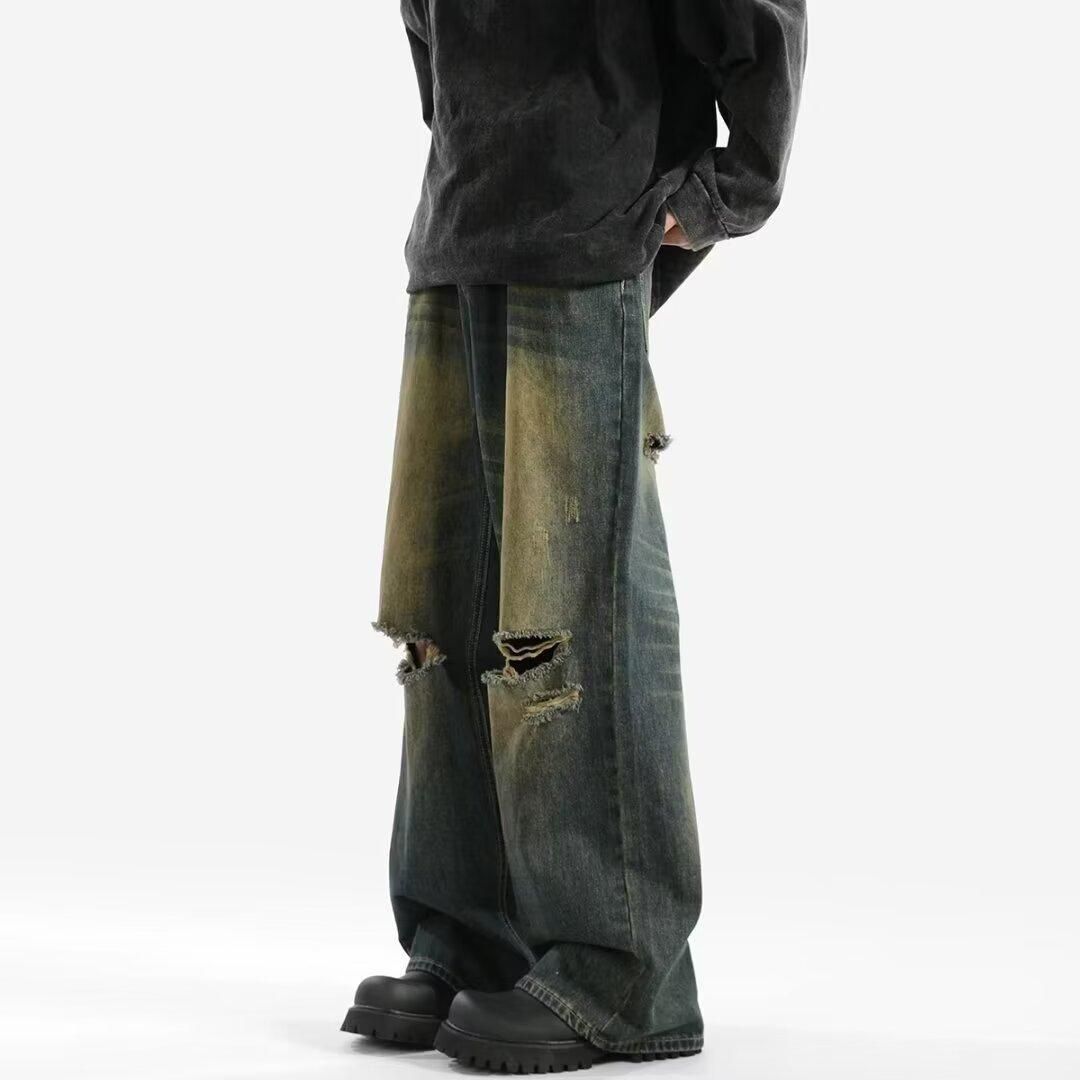 Men's Distressed Denim Jeans - Vintage Washed Relaxed Fit Baggy Pants With Ripped Details & Stretch Comfort (Blue)_mkmklike.com