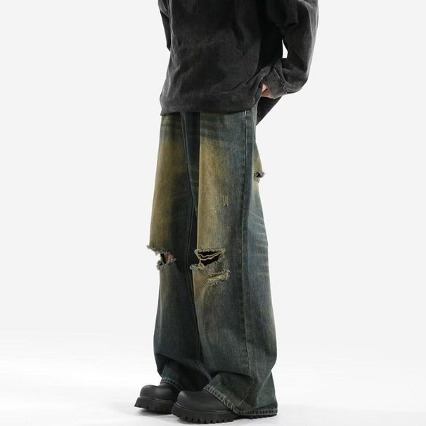 Men's Distressed Denim Jeans - Vintage Washed Relaxed Fit Baggy Pants With Ripped Details & Stretch Comfort (Blue)_mkmklike.com