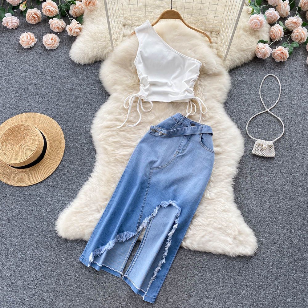 Women's Smocked Strappy Shoulder Vest Irregular Raw Edge Slit Denim Skirt Two-piece Set_mkmklike.com
