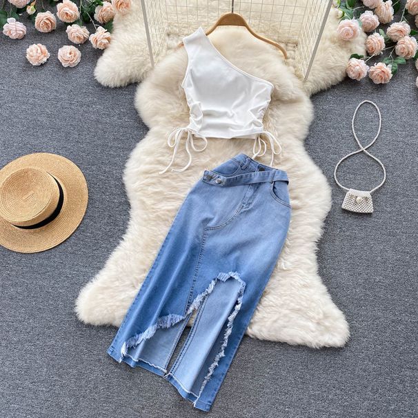 Women's Smocked Strappy Shoulder Vest Irregular Raw Edge Slit Denim Skirt Two-piece Set_mkmklike.com