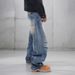 Men's Classic Blue Washed Straight Leg Jeans - Vintage Denim Pants With Hand-Painted Details Relaxed Straight Fit_mkmklike.com