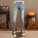 Men's Trendy Ripped Distressed Light Blue Washed Retro Slim Fit Skinny Jeans Midweight Cotton Long Wide Leg Pants_mkmklike.com