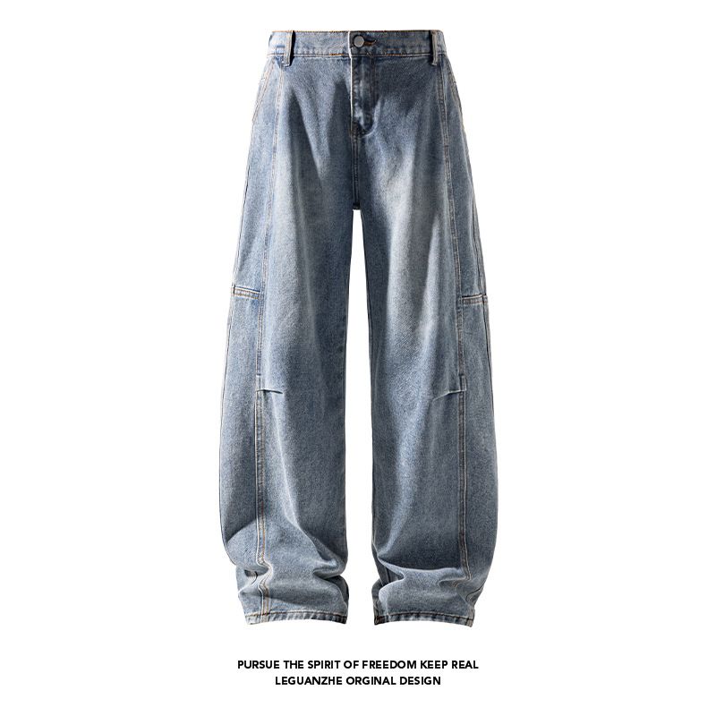 American Retro Blue Curved Hem Jeans Men, Spring, Autumn, Winter Trendy Brand, Stylish Loose Straight-leg Wide-leg Pants_mkmklike.com