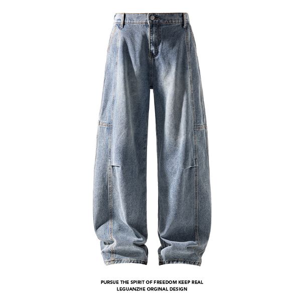 American Retro Blue Curved Hem Jeans Men, Spring, Autumn, Winter Trendy Brand, Stylish Loose Straight-leg Wide-leg Pants_mkmklike.com