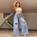 High Waisted Retro Ripped Wide Leg Jeans Light Washed Denim Cross Border European American Style Women's Long Pants_mkmklike.com