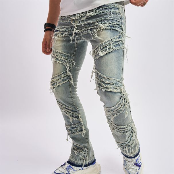 Ripped Men's Jeans With Whiskered Fabric, Stylish Stretch, Loose Fit, Wide-Leg Casual Men's Trousers_mkmklike.com