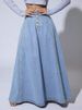 K Single-row Button-up Denim Skirt For Women, Trendy A-line Maxi Skirt_mkmklike.com