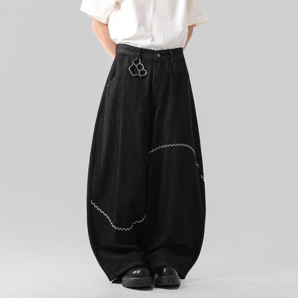 Men's Black Embroidered Denim Jeans Straight Leg Loose Fit American High Street Style Trendy And Cool Long Pants_mkmklike.com