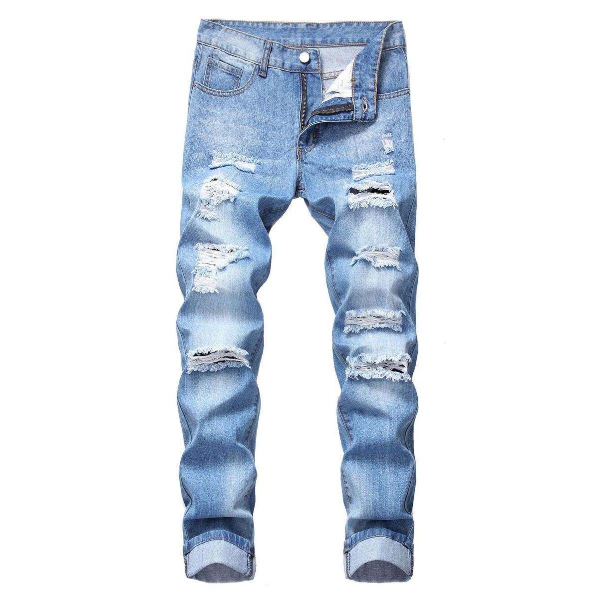 Men's Clothing Men's Ripped Hole Straight Slim Non Stretch Jeans Multi Tattered Men's North Trousers_mkmklike.com