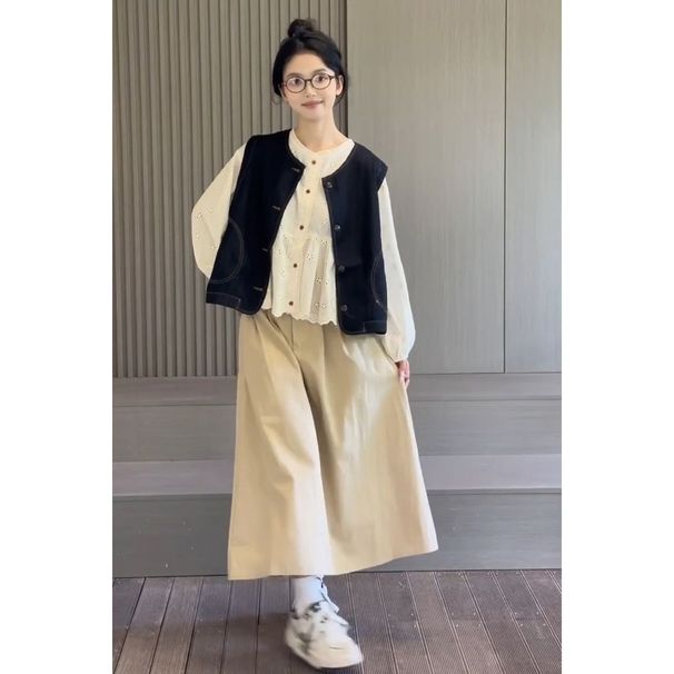 Chicco Autumn Winter Korean Style Simple Outfit Set Denim Cardigan Vest + White Long Sleeve Hollow Shirt Skirt_mkmklike.com