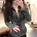 American Blue Polo Collar Denim Shirt For Women's Winter High-End Feeling, Waist Cinching, Slim Fit And Slimming Jacket_mkmklike.com