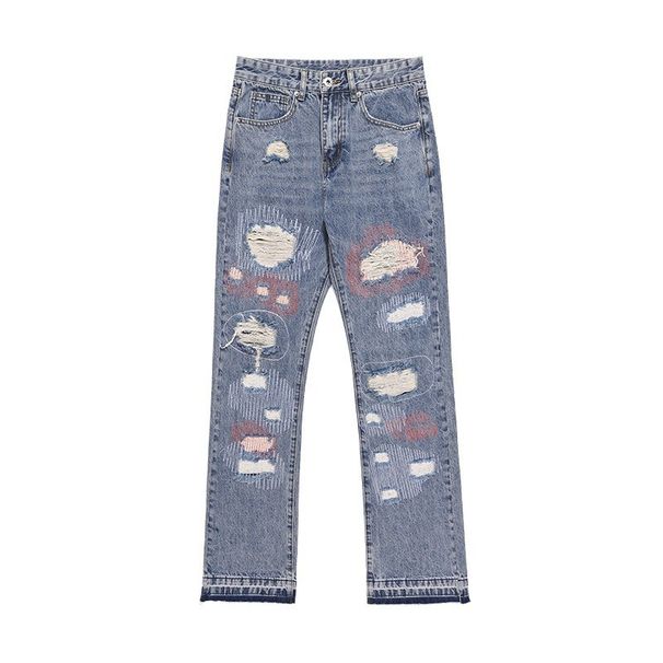 2026 European-USA Style High Street Hip-Hop Fashion Jeans Youth/Men Cotton Mid Waist Embroidery Patch Broken Hole Straight Type Cowboy Pants_mkmklike.com