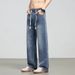 Men's Classic Straight Leg Jeans - Mid Rise Washed Denim Pants For Casual Wear (Retro & Blue) Breathable Cotton Blend_mkmklike.com