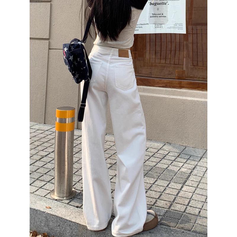 Women's High-Waisted Wide Leg Jeans White Loose Fit Slim Straight Leg Drape Detail Early Autumn Style for Petite Figures_mkmklike.com