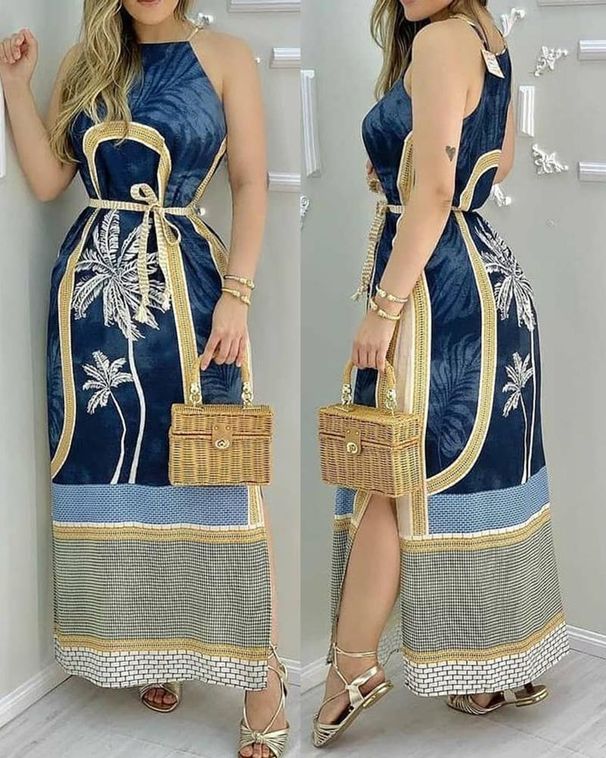 Women's Palm tree print sleeveless side slit maxi dress - belt required _mkmklike.com