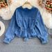 Denim Jacket Women's Loose Bf Fashion Versatile Beaded V-neck Short Waist Top_mkmklike.com