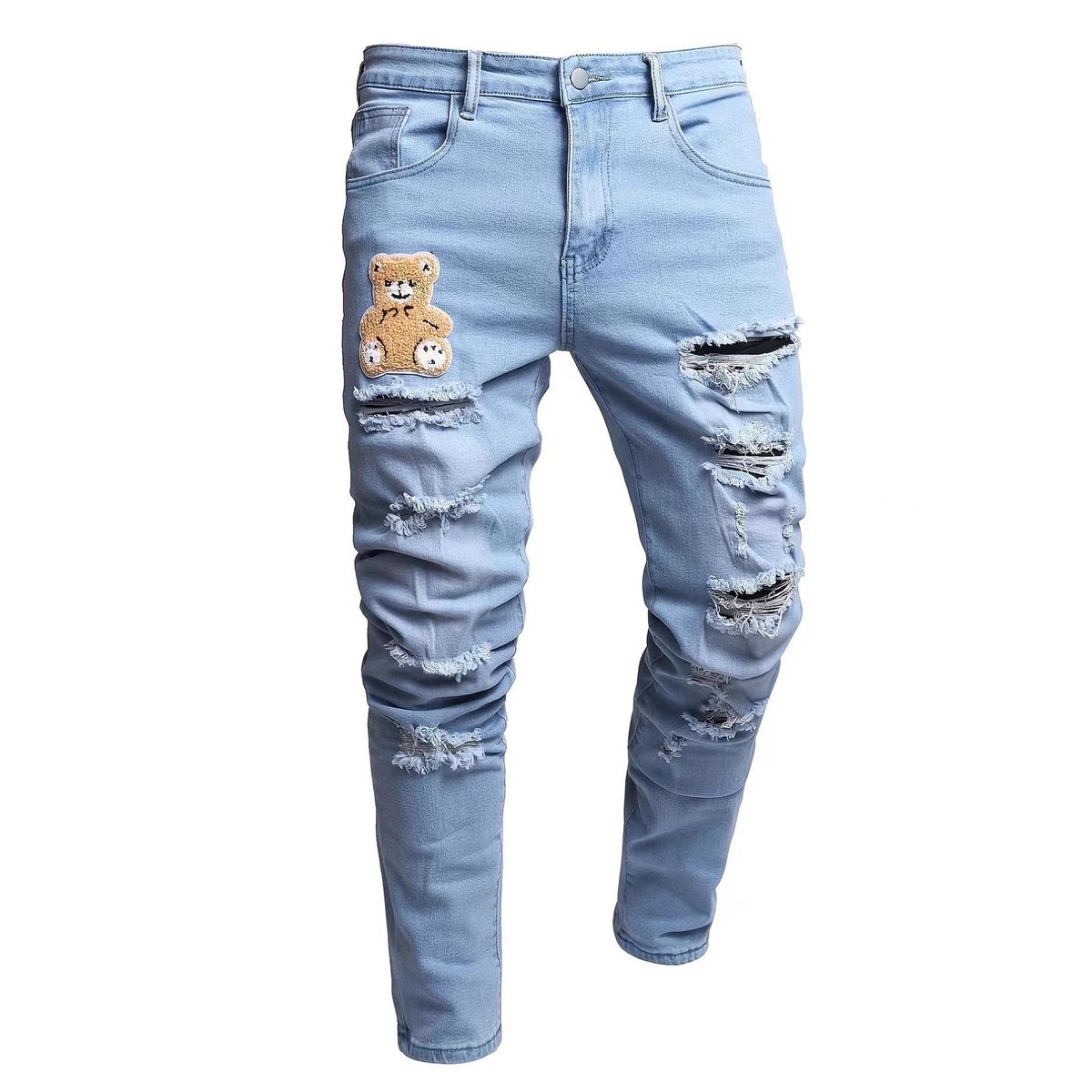 Men's Slim Fit Stretch Ripped Jeans - Distressed Blue Denim Pants With Streetwear Style (73% Cotton, Mid-Rise, Sizes 30-38)_mkmklike.com