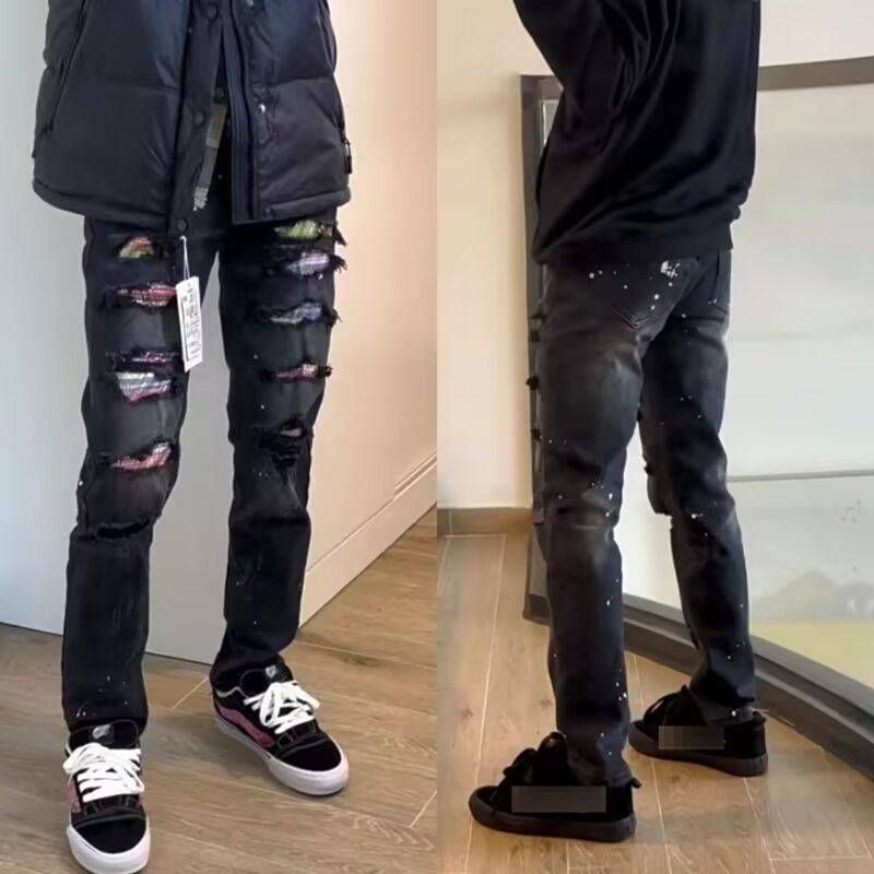 Men's Slim Fit Distressed Patchwork Jeans - High Street Style Black Skinny Ripped Denim Pants For Casual Wear_mkmklike.com