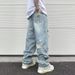 Pulse European And American High Hip-Hop Vibe Washed Blue Distressed Cat Whiskers Street Summer Straight-Leg Pants Loose Men's_mkmklike.com