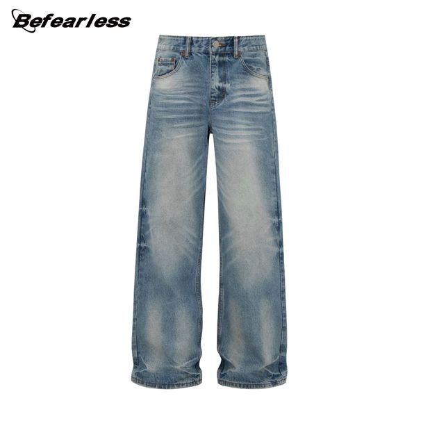 Vintage 17.6oz Heavyweight Washed Denim Jeans – Retro Whiskered Flare Fit, Unisex Loose Straight Leg Trousers For Casual & Streetwear_mkmklike.com
