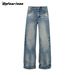 Vintage 17.6oz Heavyweight Washed Denim Jeans – Retro Whiskered Flare Fit, Unisex Loose Straight Leg Trousers For Casual & Streetwear_mkmklike.com