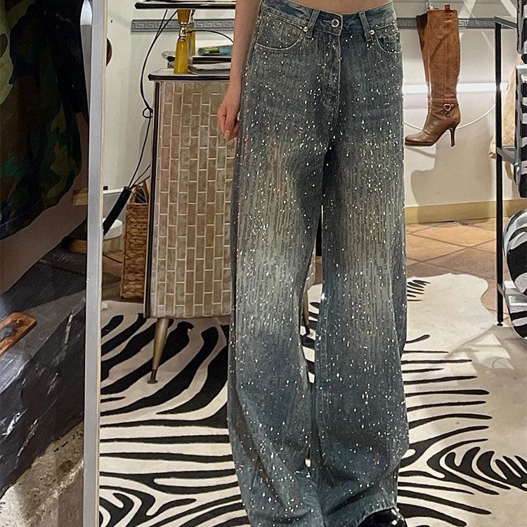 Women's Clothing High Street Heavy Diamond Stitching Jeans Summer Hot Girl Design Fashionable Shiny Floor Length Pants_mkmklike.com