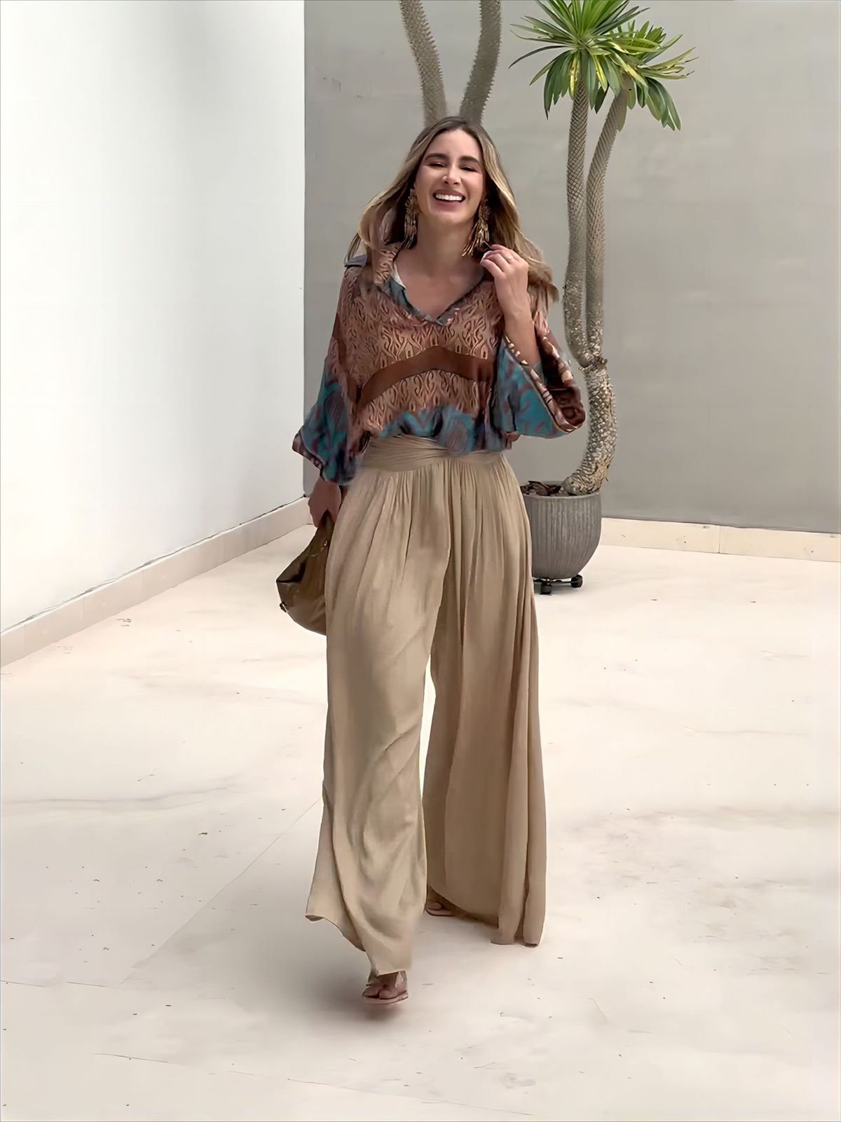 Women's Clothing autumn new positioning printed tops wide leg pants two piece set_mkmklike.com