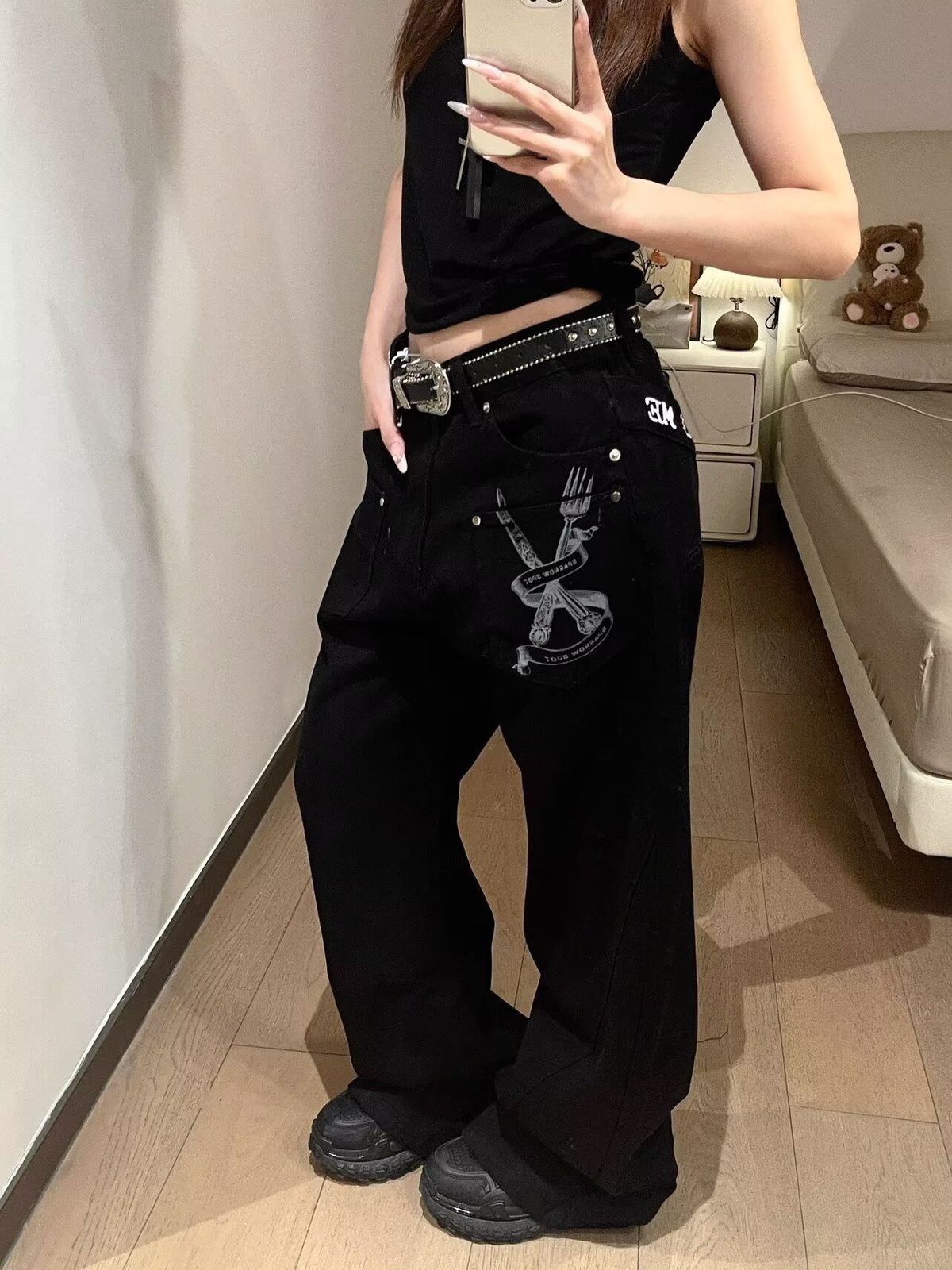 Women's Clothing Plus Size Slogan Letter Oversized Patchwork Jeans Trendy Curved Blade Pants Sexy English Style Fashion Denim_mkmklike.com