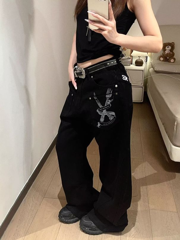 Women's Clothing Plus Size Slogan Letter Oversized Patchwork Jeans Trendy Curved Blade Pants Sexy English Style Fashion Denim_mkmklike.com