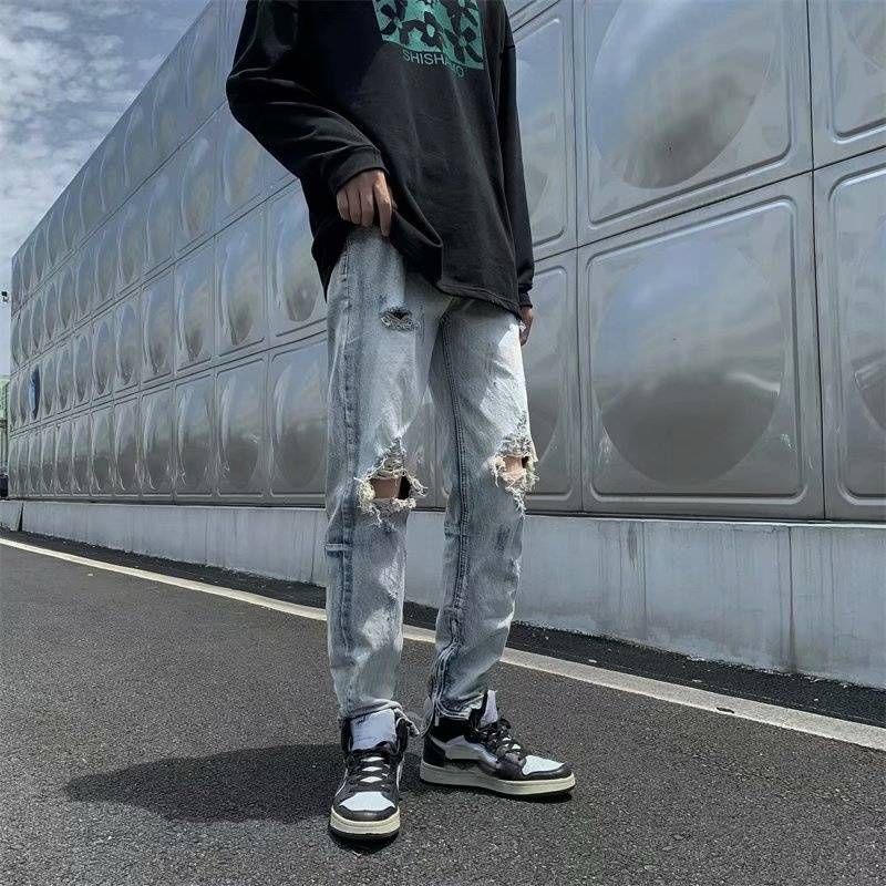 Men's Clothing High Street Style Ripped Jeans Summer Slim Fit Skinny Trousers Casual Straight Pants_mkmklike.com