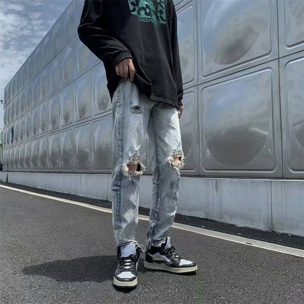 Men's Clothing High Street Style Ripped Jeans Summer Slim Fit Skinny Trousers Casual Straight Pants_mkmklike.com