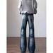 Men's American Retro Blue Washed Denim Jeans Straight Leg High Street Style Mid Waist Long Cotton Non-Stretch_mkmklike.com