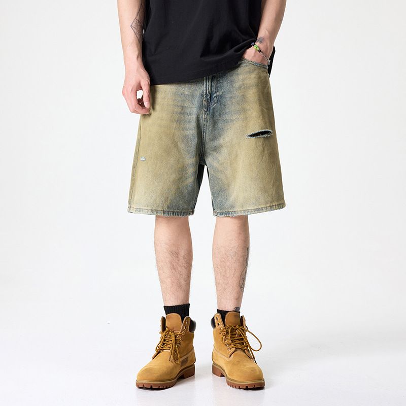 Men's Clothing Casual Retro Denim Shorts Fashionable Washed Straight Tube Tall Thin Five Point Hole Shorts_mkmklike.com