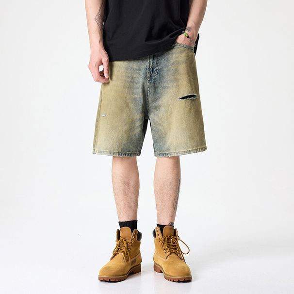 Men's Clothing Casual Retro Denim Shorts Fashionable Washed Straight Tube Tall Thin Five Point Hole Shorts_mkmklike.com