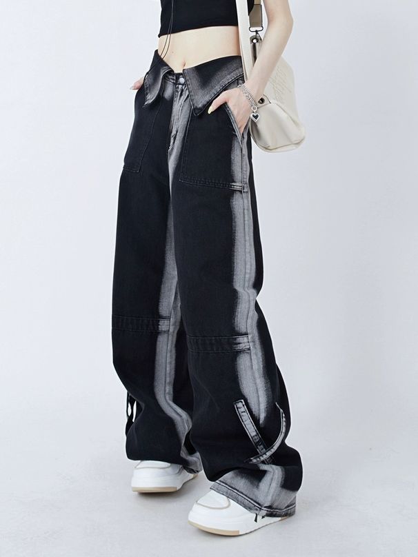 American Retro Cuffed Jeans For Women, Spring And Autumn High-waisted Straight-leg Niche Washed Distressed Wide-leg_mkmklike.com