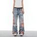 American Style Design Lace Patchwork Jeans For Men Trendy Brand Hip Hop Loose Casual Washed Vintage Wide Leg Straight_mkmklike.com
