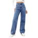 Women's Vintage Washed Denim Jeans, Straight Leg Casual Trousers For Retro Fashion Style, Classic Blue & Black_mkmklike.com