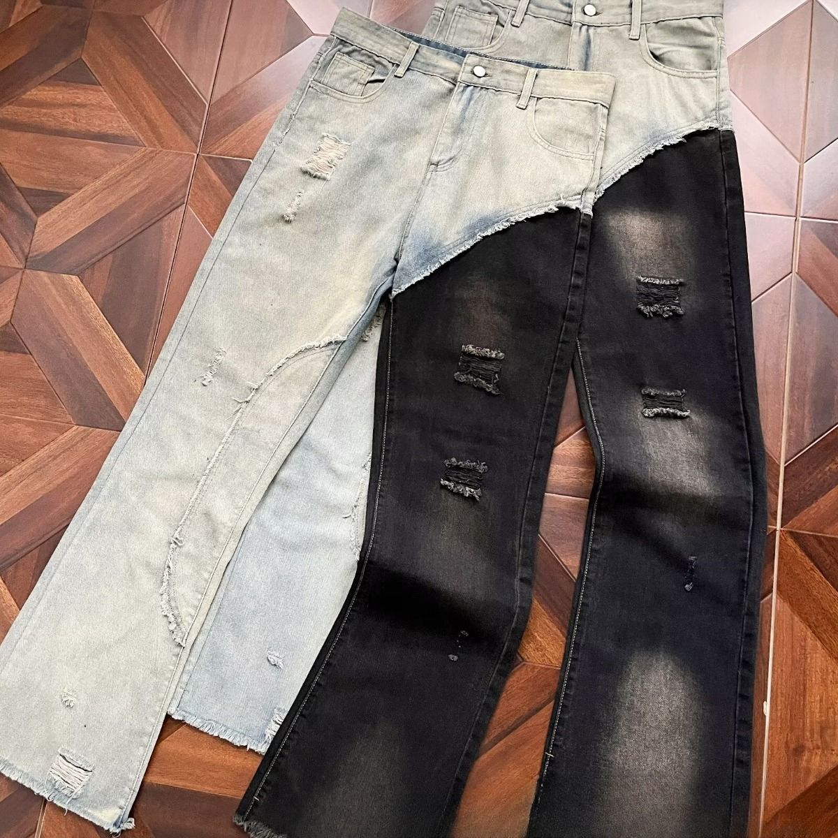Men's Clothing Hot Girl Patchwork High-Waisted Distressed Denim Jeans – Retro Y2K Flared Pants With Patchwork Details For Streetwear Vibes_mkmklike.com