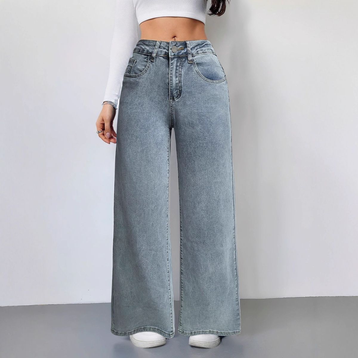 Women's High Waist Wide Leg Jeans With Pink Bow Embroidery - Comfortable Stretch Denim Pants For Casual Streetwear_mkmklike.com