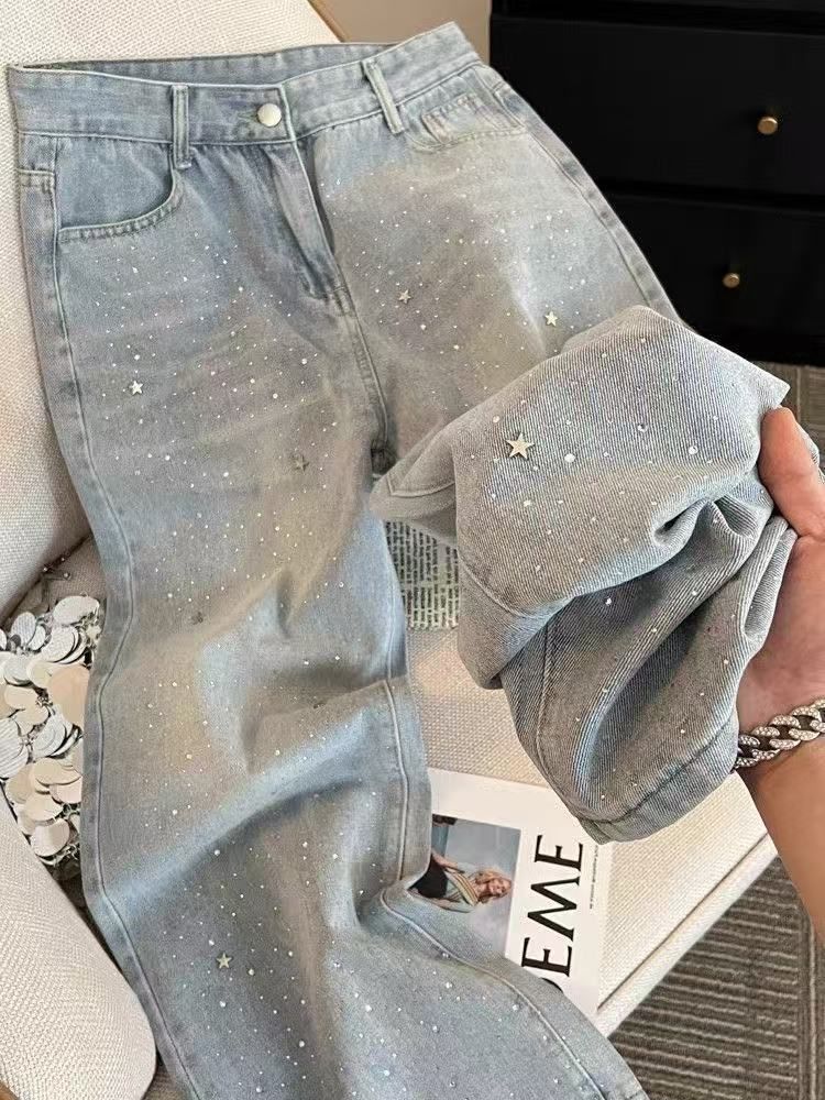 Women's Clothing Women's High Waist Flared Jeans With Star Embellishments – Light Blue Comfort Stretch Denim Pants For Casual Chic Style Waist Jeans_mkmklike.com