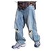 Men's Heavyweight Retro Ripped Jeans Casual Edgy Straight Leg Loose Fit Wide Leg Floor Length Dad Pants_mkmklike.com