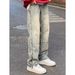 Men's American Retro Washed Jeans - Yellow Mud Dyed Straight Leg Pants, High Street Fashion Zippered Trousers, Versatile Streetwear Style_mkmklike.com