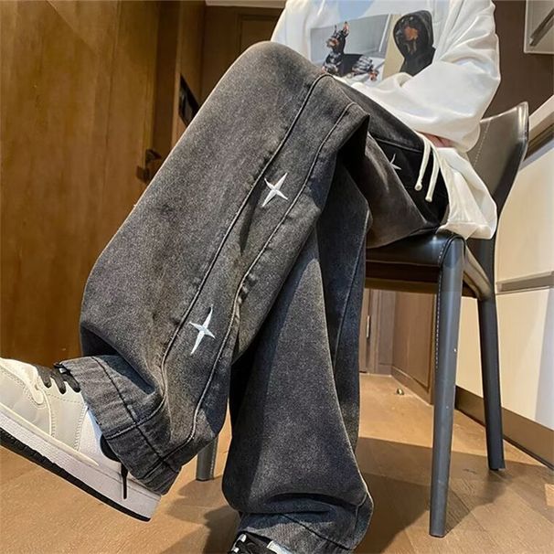 American Embroidered Star Gradient Jeans Men's Spring Loose Straight Wide Leg Long Pants Trendy High Street_mkmklike.com