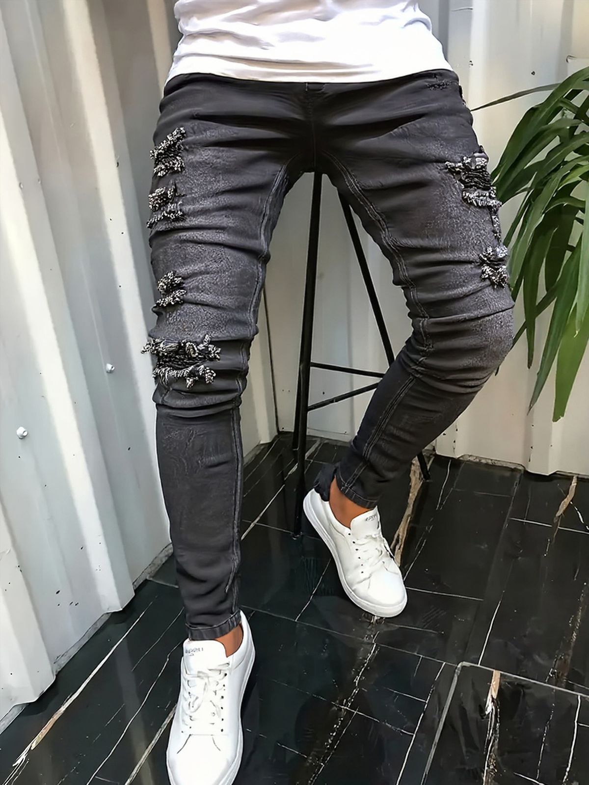 Men's Skinny Jeans Ripped Stretch Patch Denim Layered Pants European American Street Style New_mkmklike.com