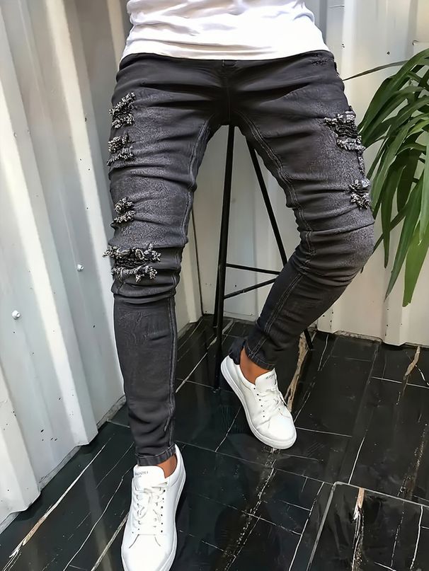 Men's Skinny Jeans Ripped Stretch Patch Denim Layered Pants European American Street Style New_mkmklike.com