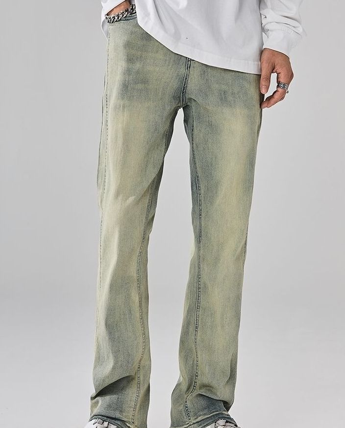 Flared Pants American High Street Yellow Mud Dyed Jeans Men's Washed Old Retro Thickened Straight Casual Trendy Pants_mkmklike.com