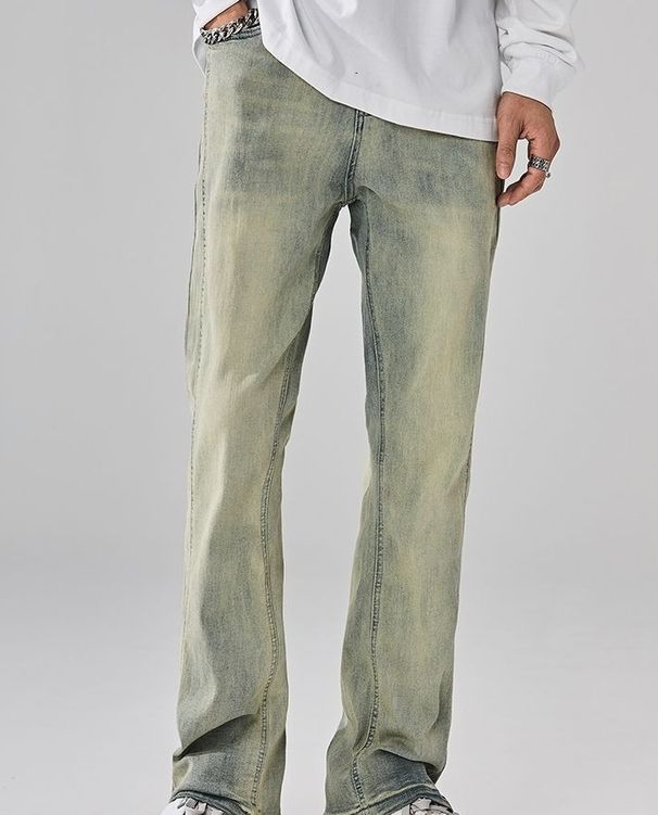 Flared Pants American High Street Yellow Mud Dyed Jeans Men's Washed Old Retro Thickened Straight Casual Trendy Pants_mkmklike.com