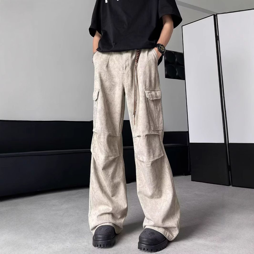 American Retro Paratrooper Pants Spring And Autumn New Trend High Street Big Pocket Loose Dark Pattern Tooling Jeans Men_mkmklike.com